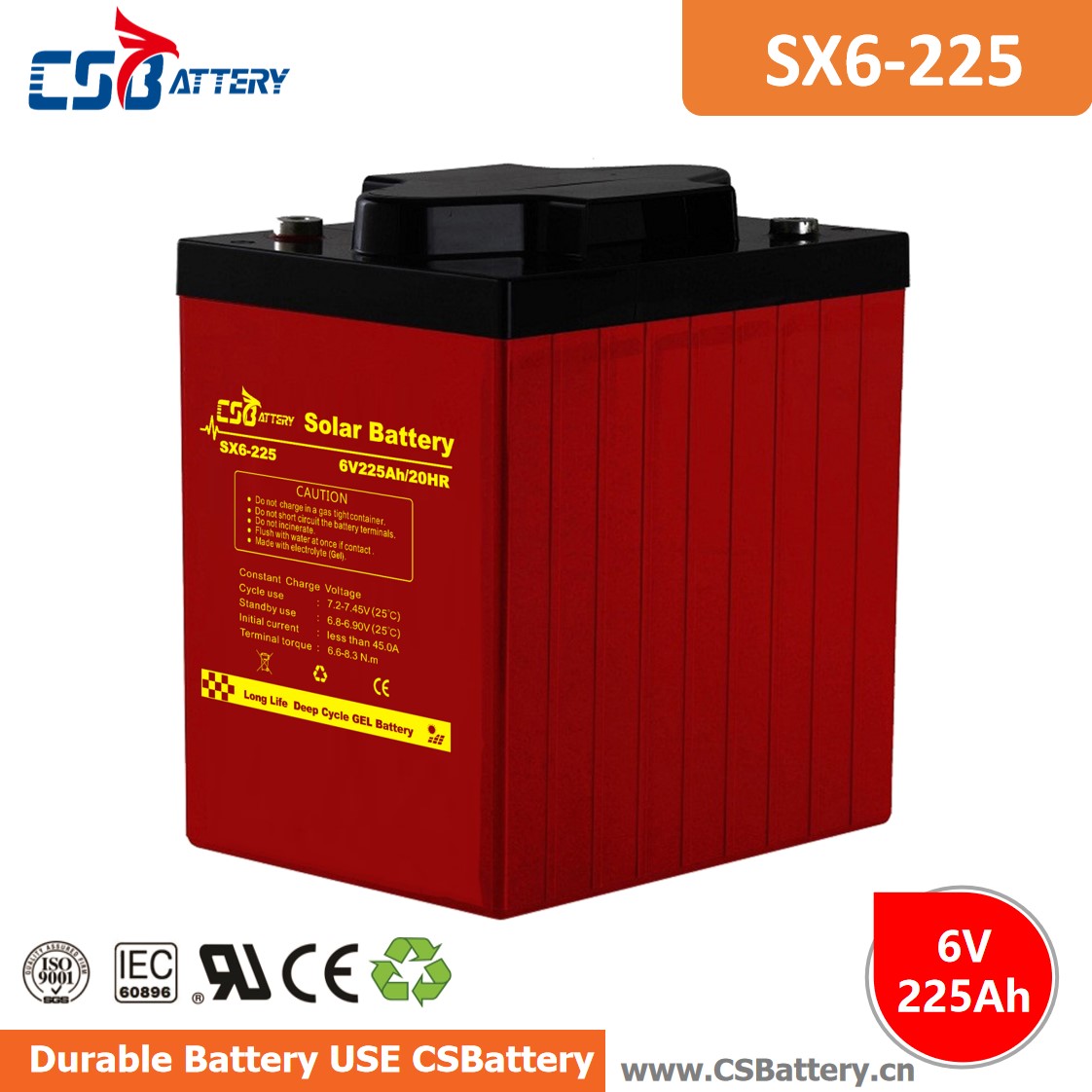Batterie GEL à cycle profond SX6-225 6V 225Ah-Ada
