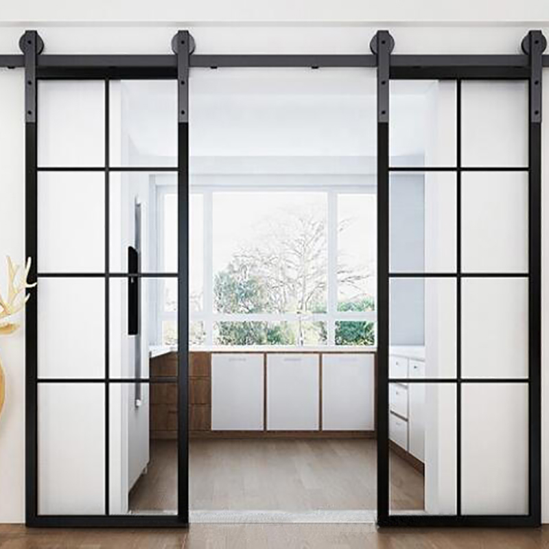 Les cadres noirs décoratifs ont conçu la porte en verre en acier de grange de glissière
