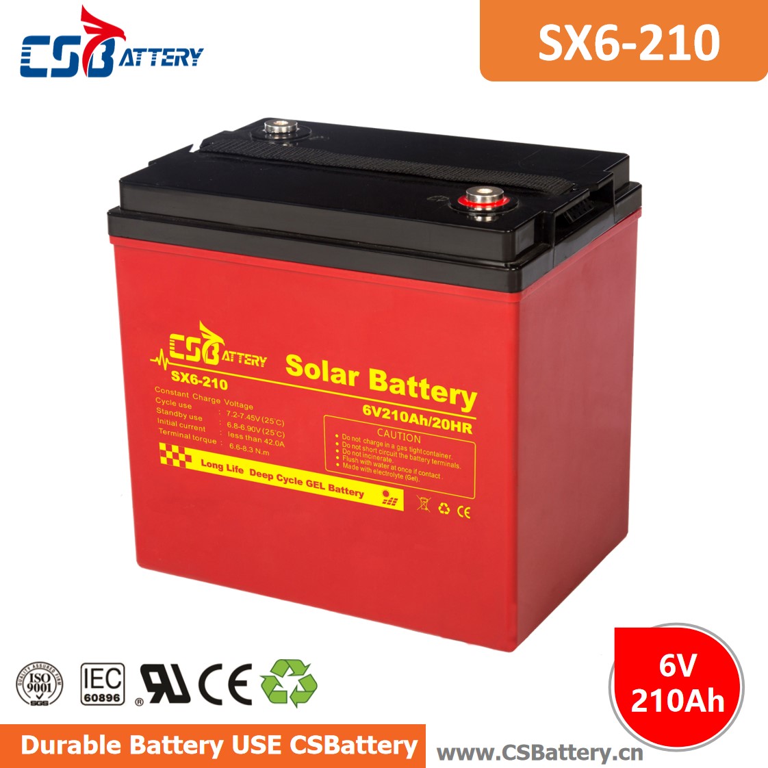 Batterie GEL à cycle profond SX6-210 6V 210Ah-Ada
