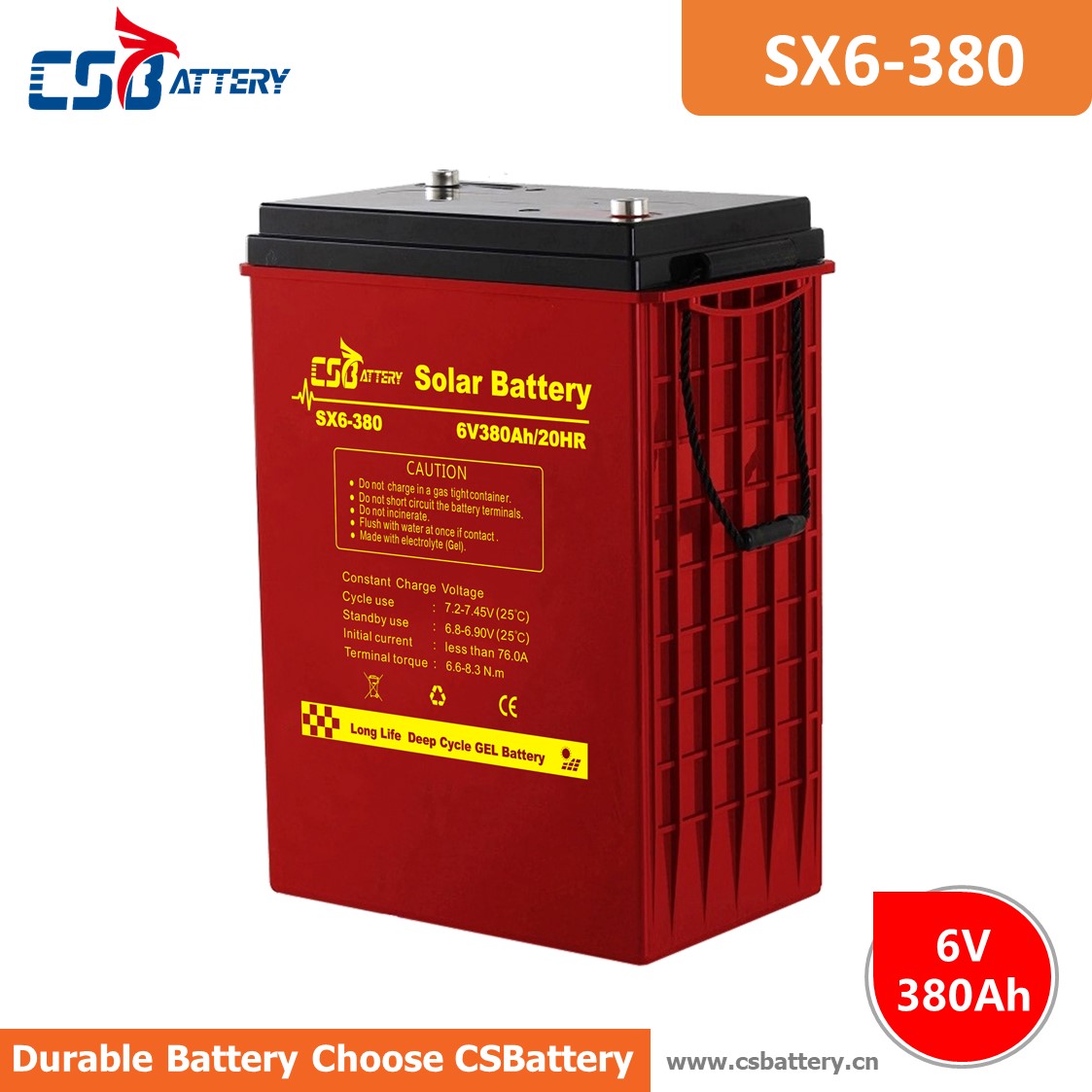 Batterie GEL à cycle profond SX6-380 6V 380Ah
