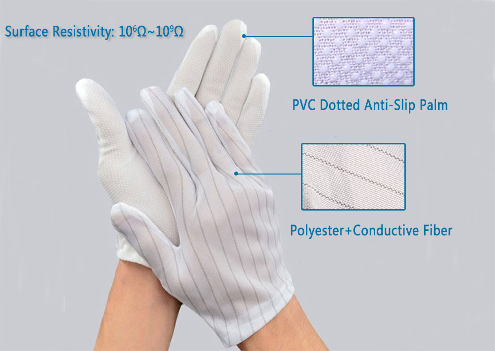 Gants en pointillés ESD avec fil conducteur en tissu polyester