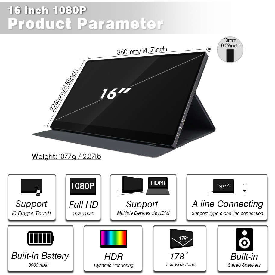 Moniteur portable à écran tactile alimenté par USB de 16 pouces S40-1