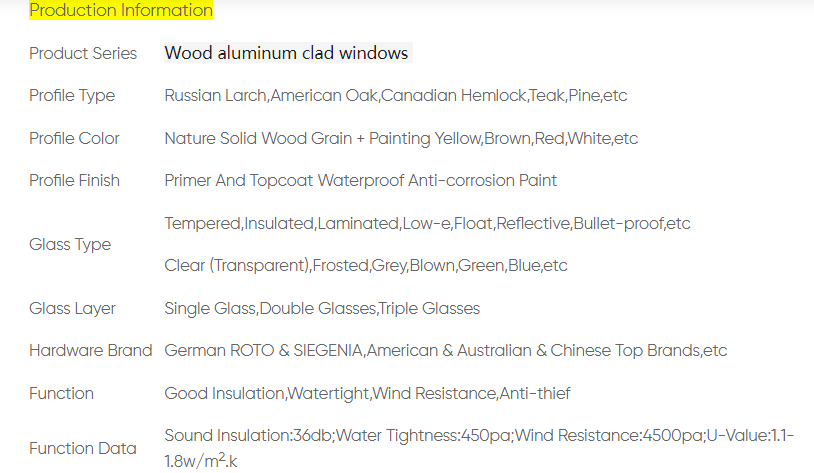 Spécifications des fenêtres revêtues d'aluminium et de bois
