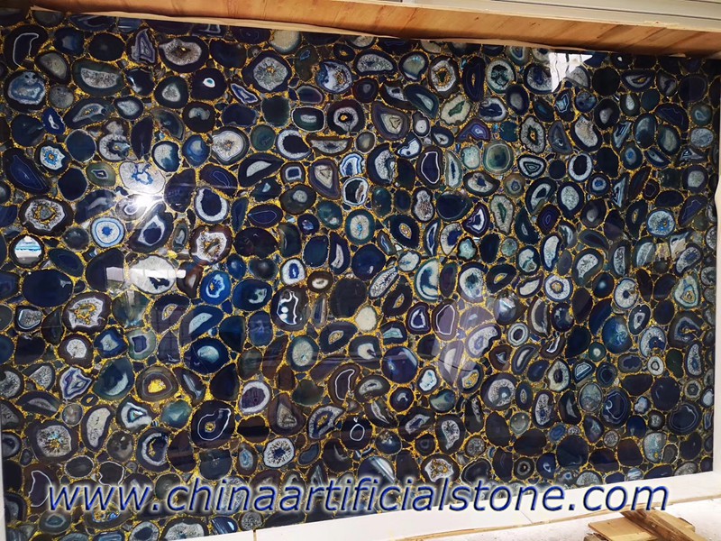 Dalles de pierres semi-précieuses en agate bleue rétroéclairée
