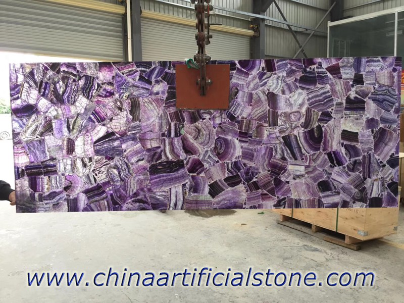 Dalles de carreaux de pierre translucide semi-précieuses en fluorite violette
