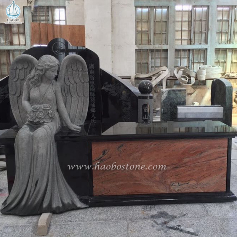 Banc de monument en granit noir de l'Inde avec statue d'ange
