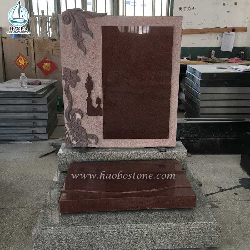 Pierre tombale funéraire sculptée en fleur de granit rouge de style chinois
