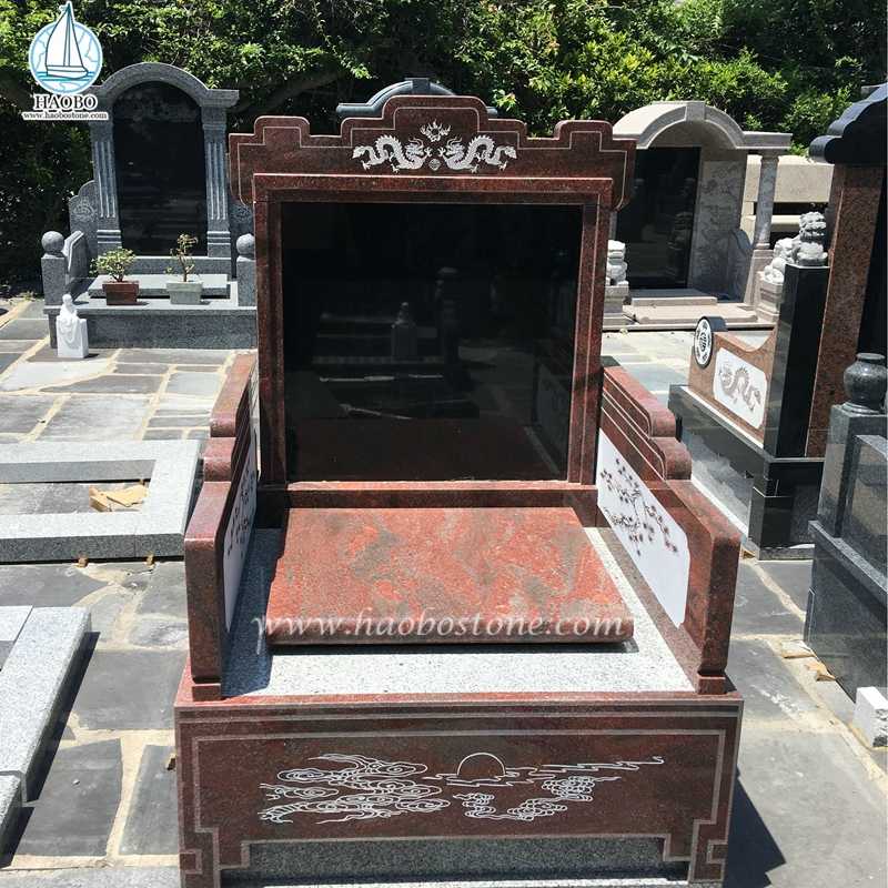 Gravure de dragon de style chinois gravé pierre tombale funéraire en granit rouge
