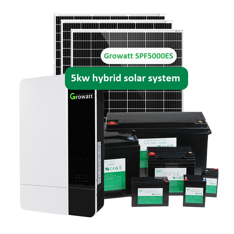 Growatt spfes 5kw onduleur hybride wifi 5kw kits de système solaire avec batterie au lithium BMS structure de panneau solaire système d'alimentation pv
