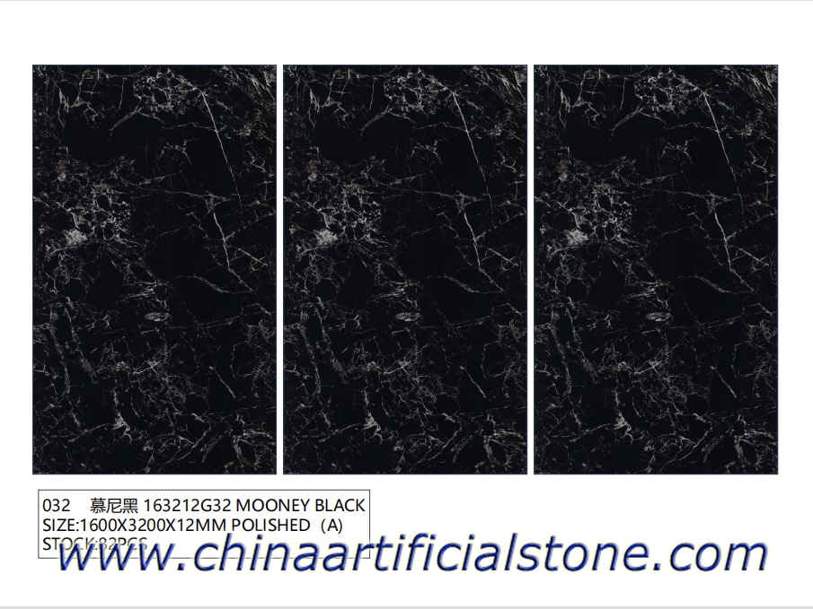 Dalles de porcelaine en pierre frittée noire polie 1600x3200x12mm
