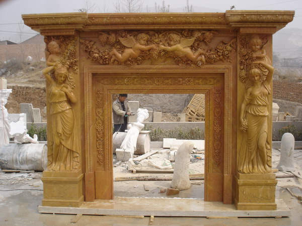Décoration de maison sculptée à la main Cheminée en marbre jaune
