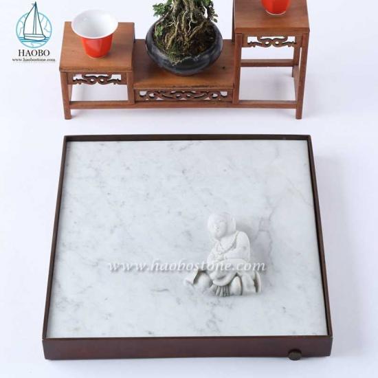 Plateau à thé en pierre carrée de sculpture bouddhiste en marbre blanc
