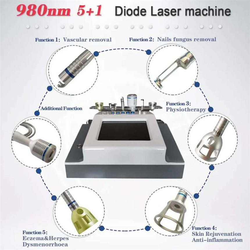 5 en 1 machine de physiothérapie de retrait de veine d'araignée vasculaire de laser de diode de 980nm indolore avec le marteau froid